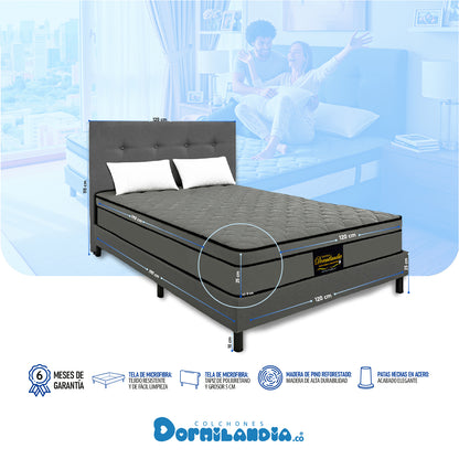 Mega combo Colchón Dublín Resortado Enrollado En Tula Confortable + Base Cama + Cabecero + Almohadas