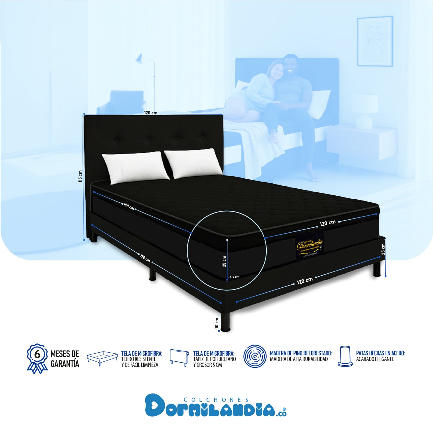 Mega combo Colchón Dublín Resortado Enrollado En Tula Confortable + Base Cama + Cabecero + Almohadas