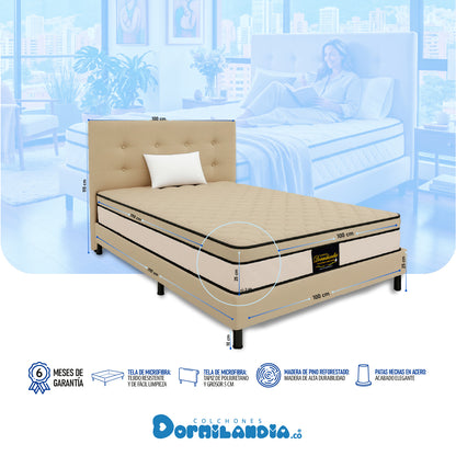 Mega combo Colchón Dublín Resortado Enrollado En Tula Confortable + Base Cama + Cabecero + Almohadas