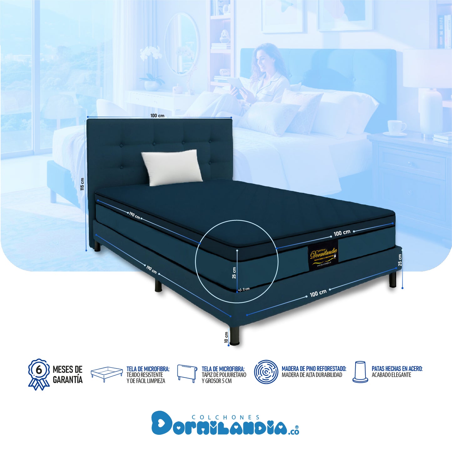Mega combo Colchón Espumado Dublín Enrollado En Tula Confortable + Base Cama + Cabecero + Almohadas