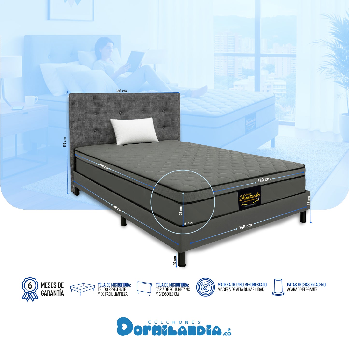 Mega combo Colchón Dublín Resortado Enrollado En Tula Confortable + Base Cama + Cabecero + Almohadas