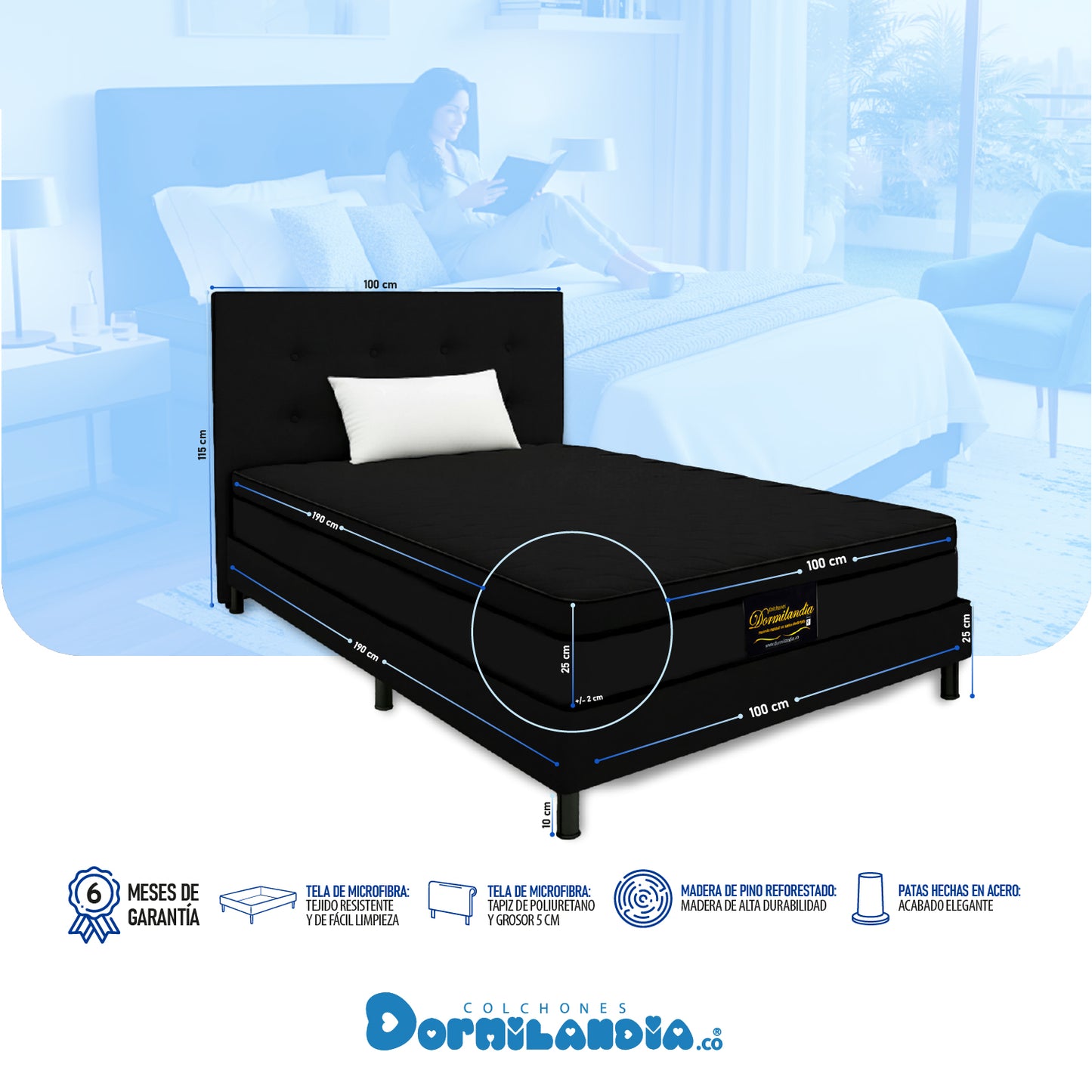 Mega combo Colchón Espumado Dublín Enrollado En Tula Confortable + Base Cama + Cabecero + Almohadas
