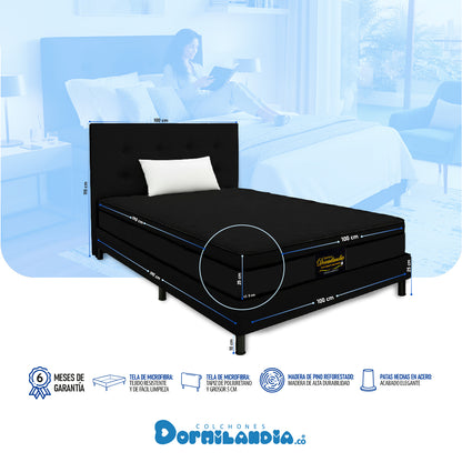 Mega combo Colchón Espumado Dublín Enrollado En Tula Confortable + Base Cama + Cabecero + Almohadas