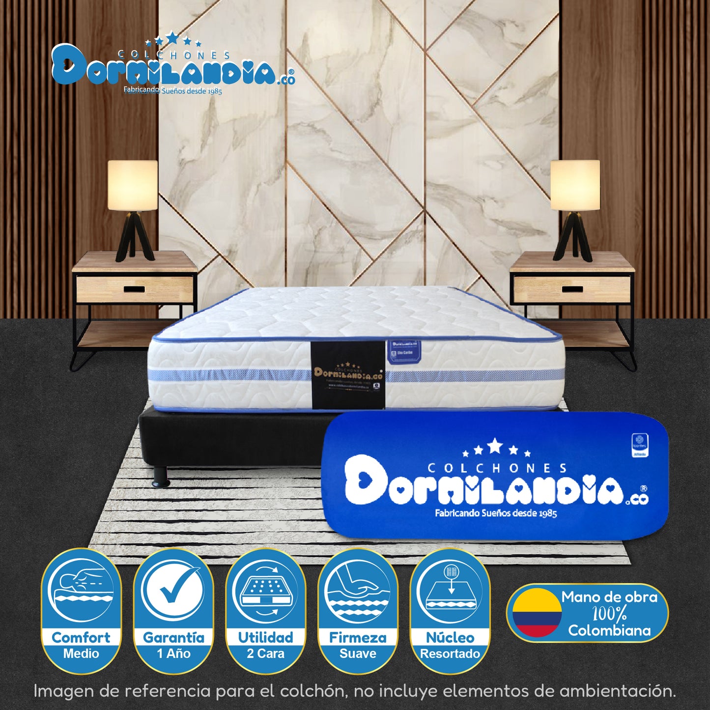 Combo Colchón Caribe Resortado Enrollado + Base Cama+ Almohadas