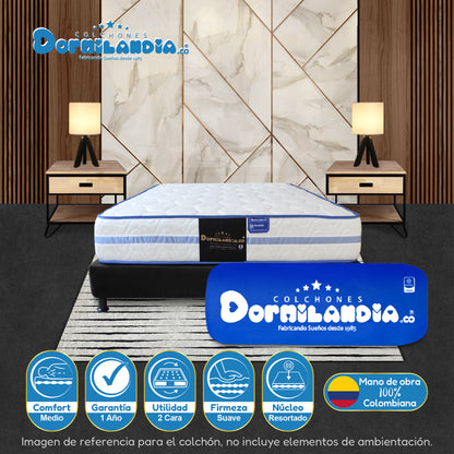Combo Colchón Caribe Resortado Enrollado + Base Cama+ Almohadas