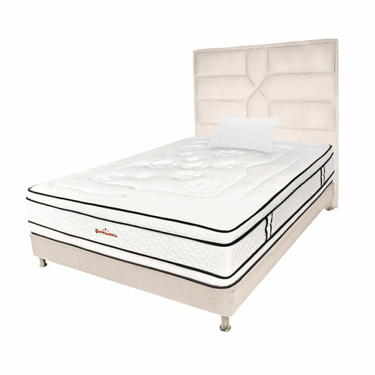 Mega Combo Colchón Pocket Infinity Enrollado En Tula Confortable + Base Cama + Cabecero + Almohadas
