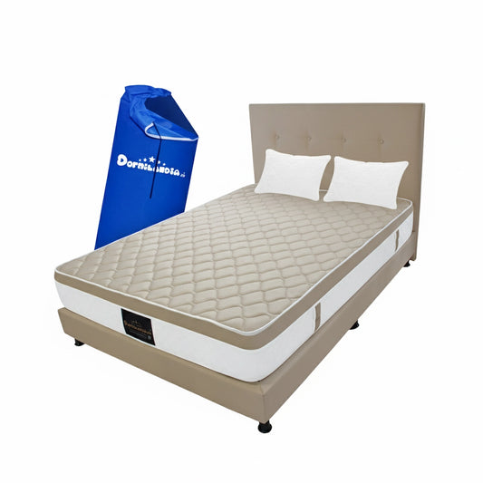 Mega combo Colchón Resortado Dublín Enrollado En Tula Confortable + Base Cama + Cabecero + Almohadas