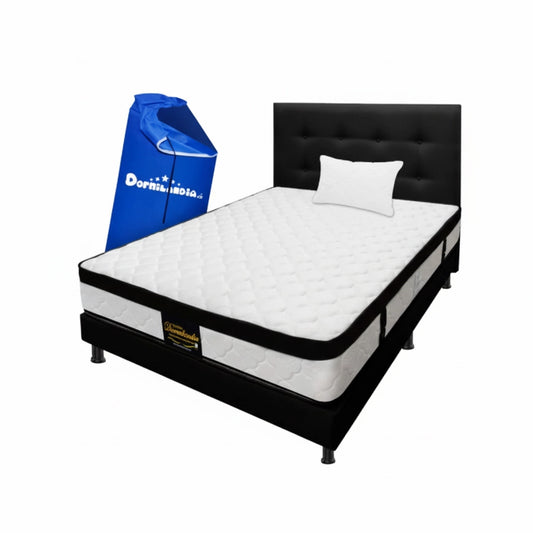 Mega Combo Colchón Resortado Versalles Enrollado En Tula Confortable + Base Cama + Cabecero + Almohadas