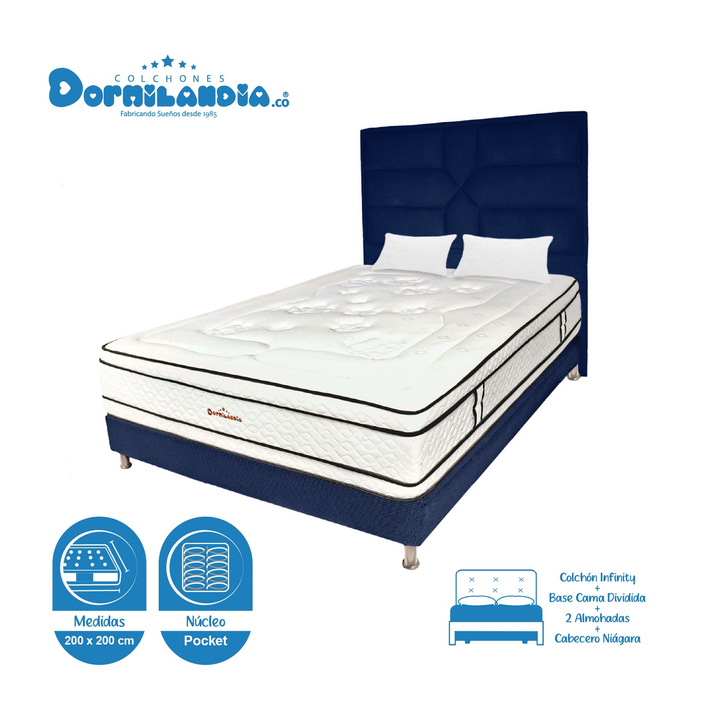Mega Combo Colchón Infinity Pocket King + Base Cama + Cabecero + Almohadas