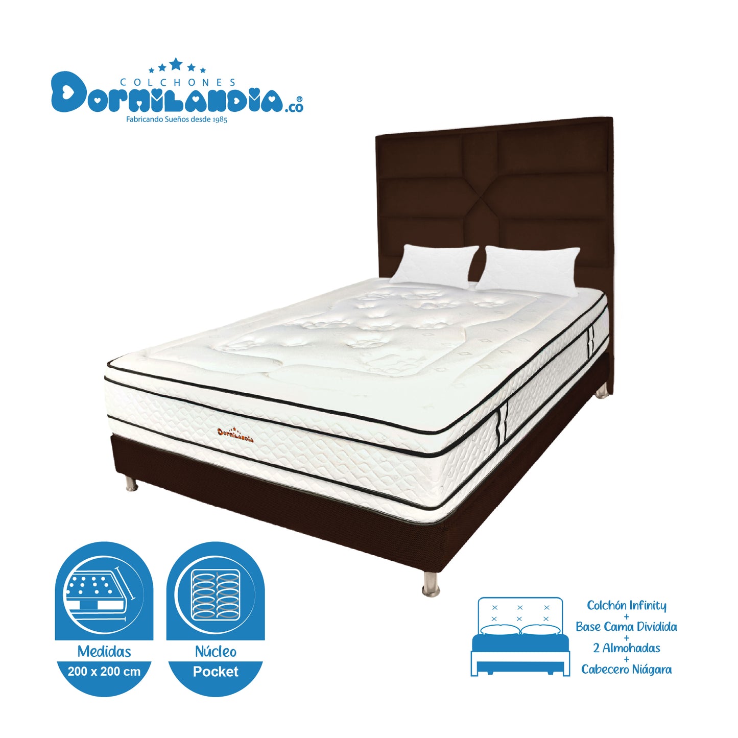 Mega Combo Colchón Infinity Pocket King + Base Cama + Cabecero + Almohadas