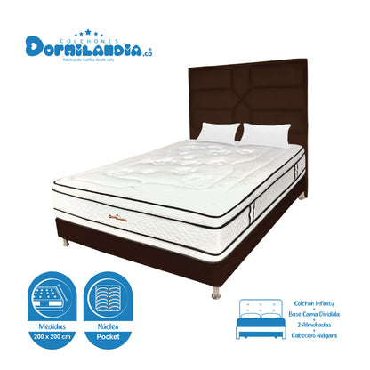 Mega Combo Colchón Infinity Pocket King + Base Cama + Cabecero + Almohadas