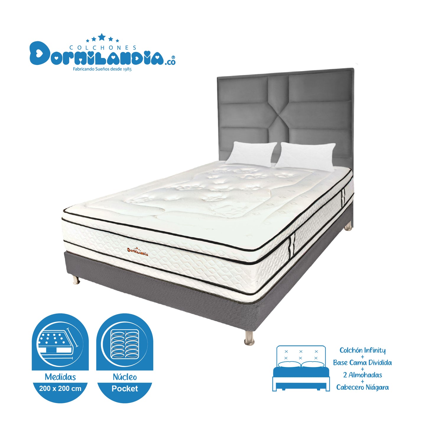 Mega Combo Colchón Infinity Pocket King + Base Cama + Cabecero + Almohadas