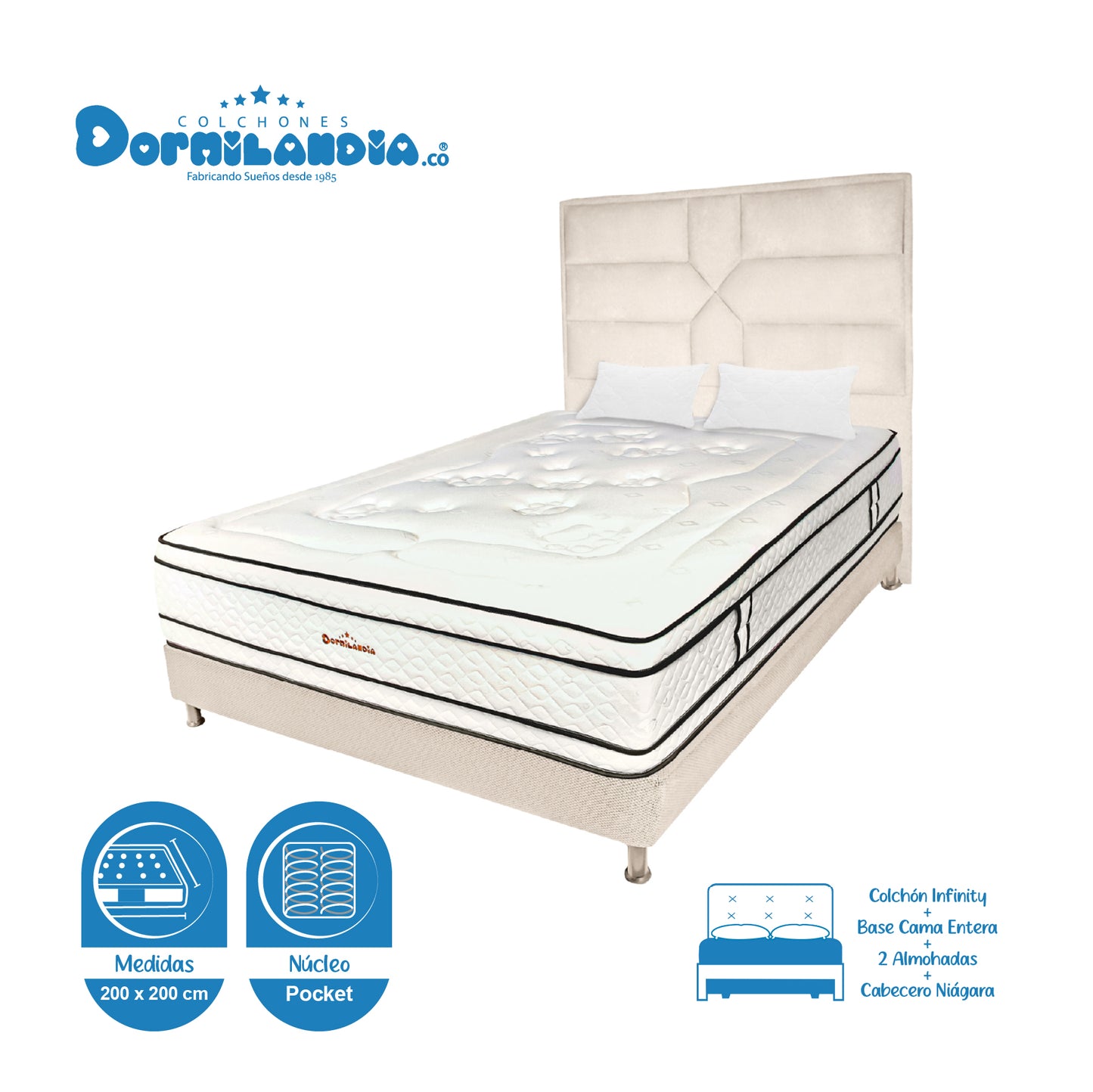 Mega Combo Colchón Infinity Pocket King + Base Cama + Cabecero + Almohadas
