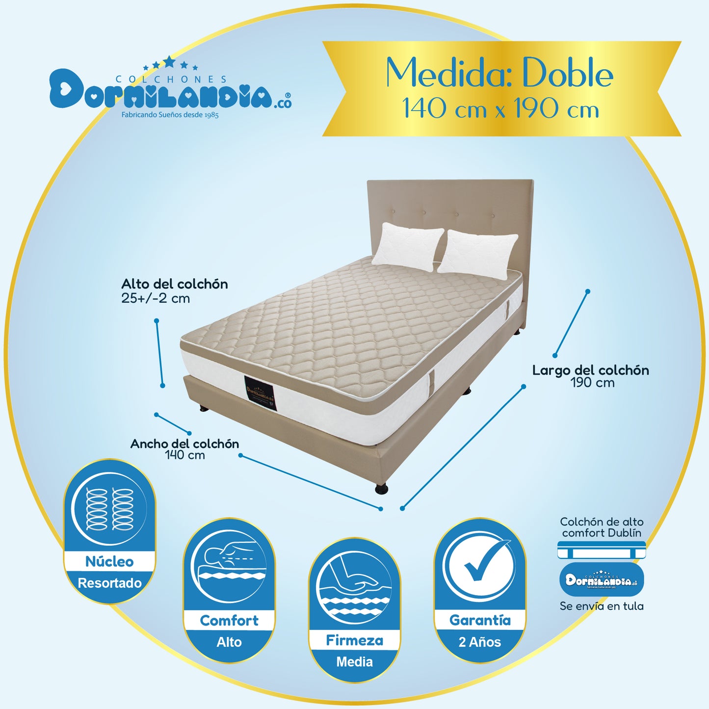 Mega combo Colchón Dublín Resortado Enrollado En Tula Confortable + Base Cama + Cabecero + Almohadas