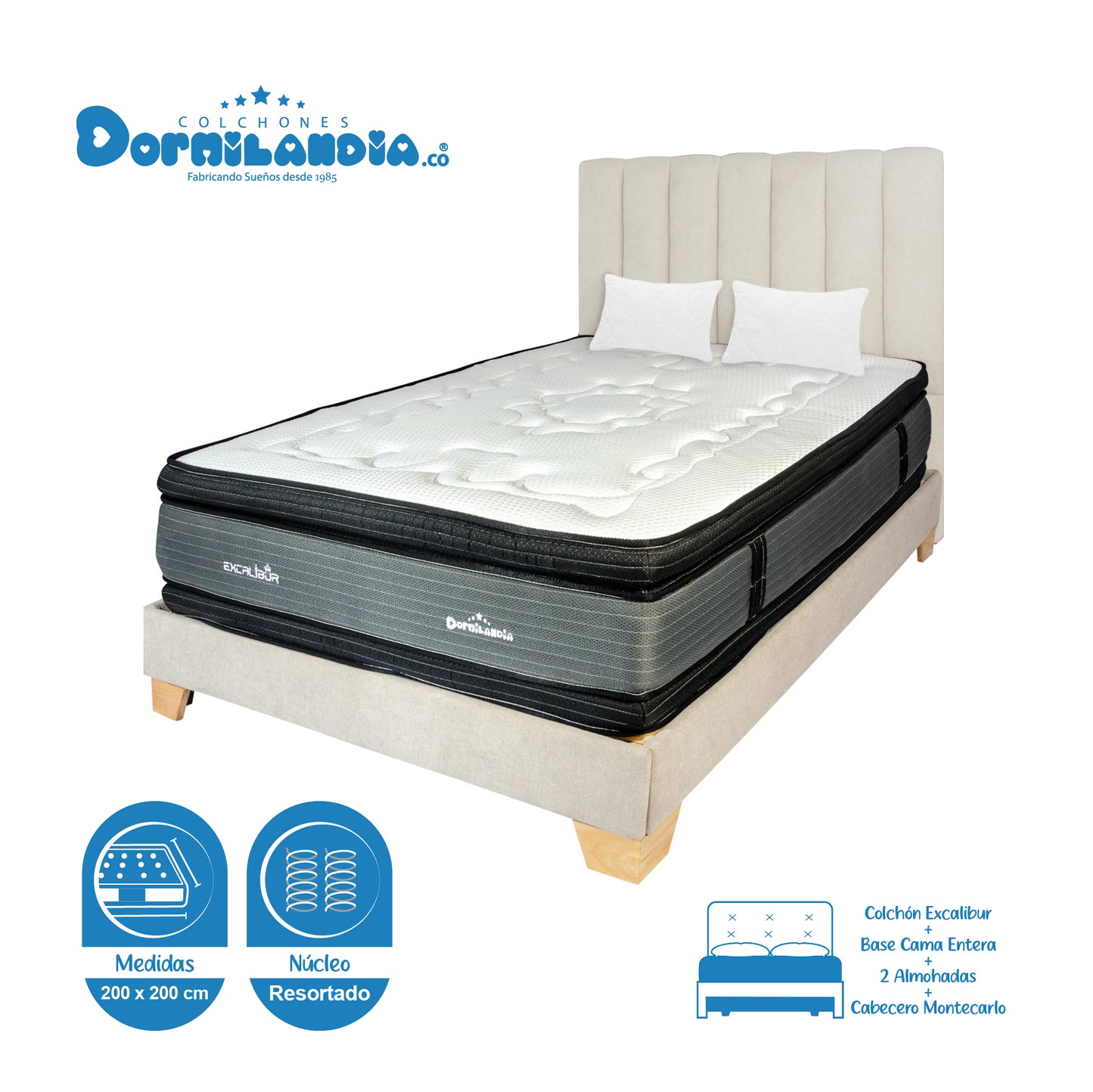 Mega Combo Colchón Excalibur Resortado + Base Cama + Cabecero + Almohadas