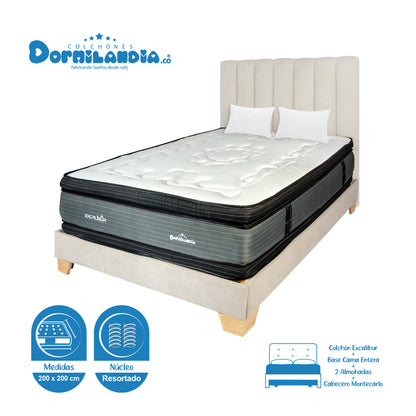 Mega Combo Colchón Excalibur Resortado + Base Cama + Cabecero + Almohadas