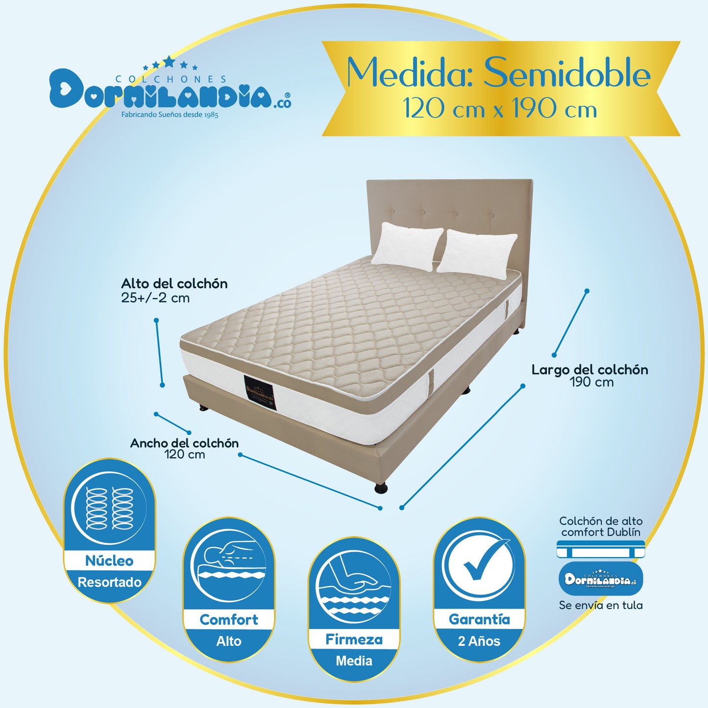 Mega combo Colchón Dublín Resortado Enrollado En Tula Confortable + Base Cama + Cabecero + Almohadas