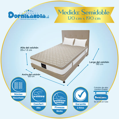 Mega combo Colchón Dublín Resortado Enrollado En Tula Confortable + Base Cama + Cabecero + Almohadas