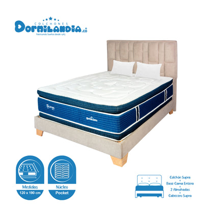 Mega Combo Colchón Supra Pocket + Base Cama + Cabecero + Almohadas