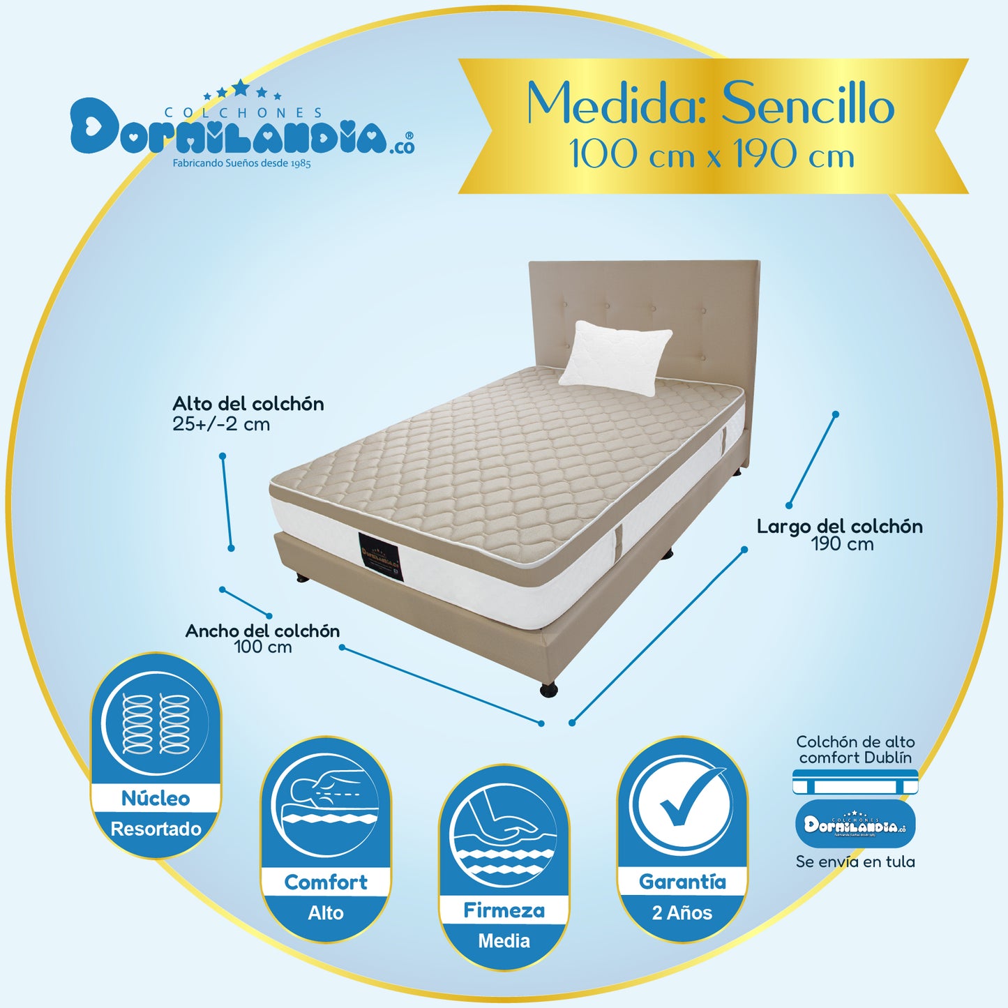 Mega combo Colchón Dublín Resortado Enrollado En Tula Confortable + Base Cama + Cabecero + Almohadas