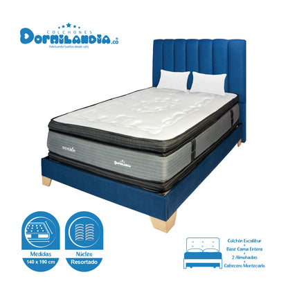Mega Combo Colchón Excalibur Resortado + Base Cama + Cabecero + Almohadas