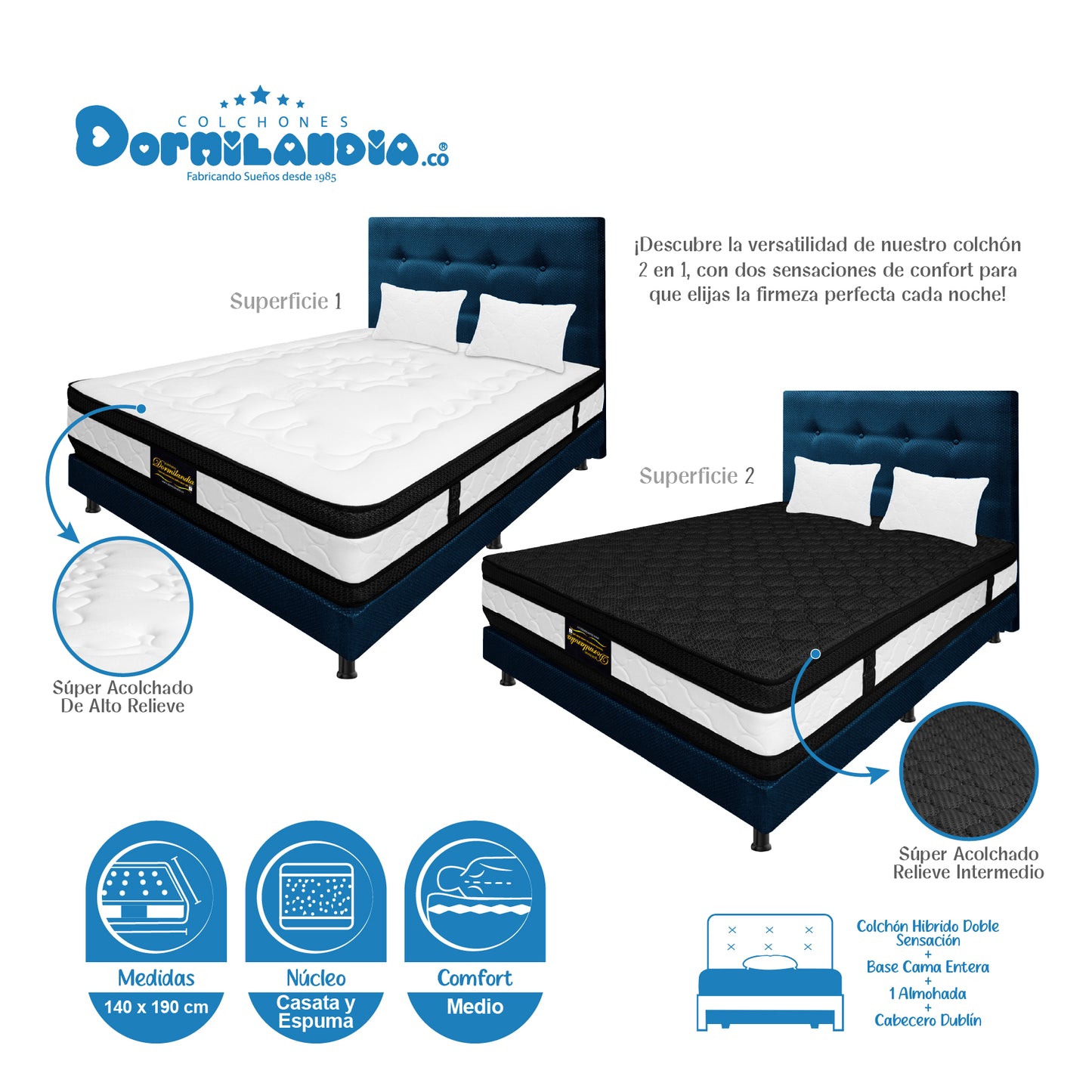 Mega Combo Colchón Híbrido Espumado Doble Sensación + Base Cama + Cabecero + Almohadas
