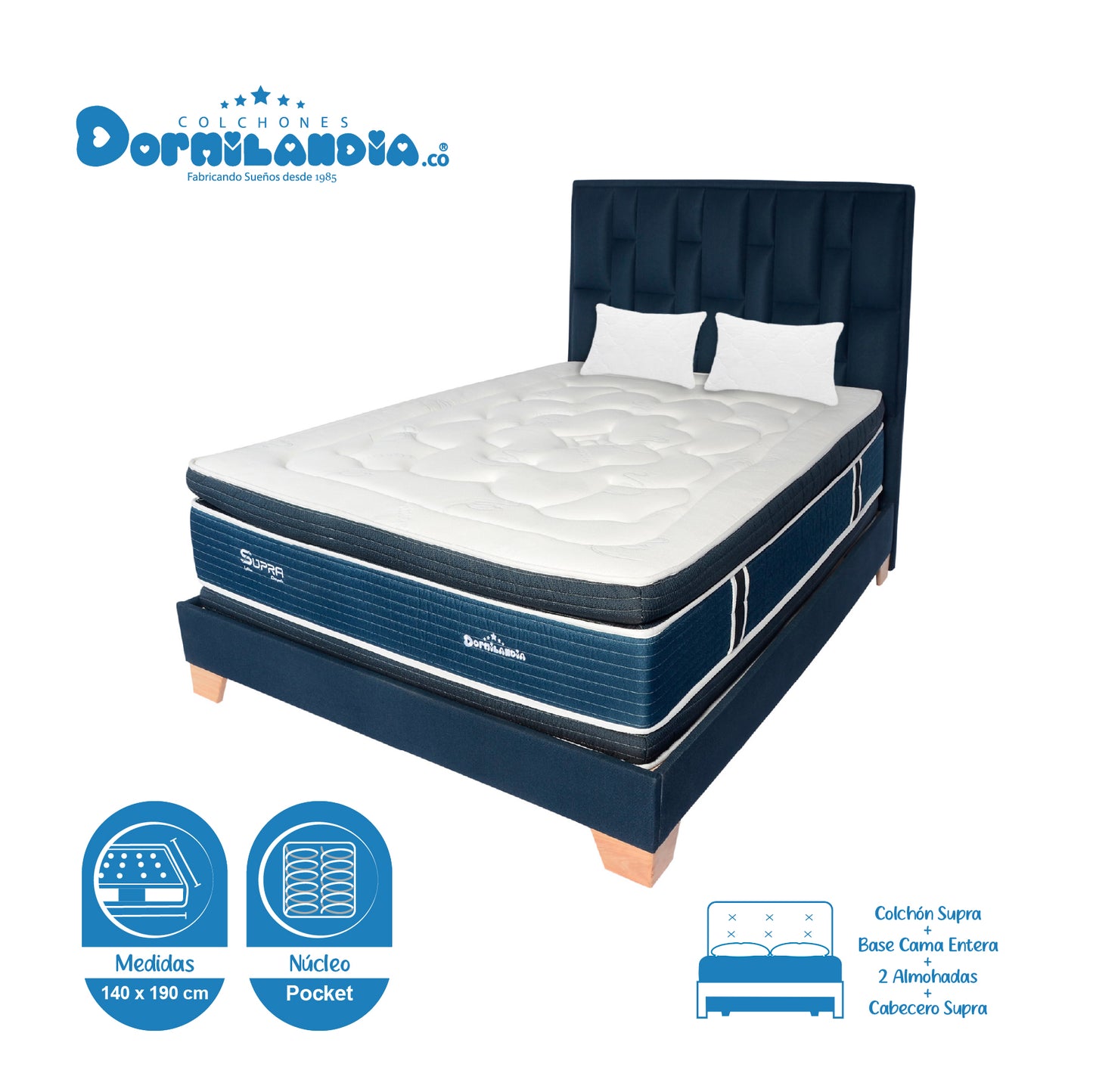 Mega Combo Colchón Supra Pocket + Base Cama + Cabecero + Almohadas