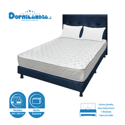 Mega Combo Colchón Espumado Ultraflex + Base Cama + Cabecero + Almohadas
