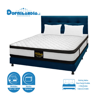 Mega Combo Colchón Malta Espumado + Base Cama + Cabecero + Almohadas