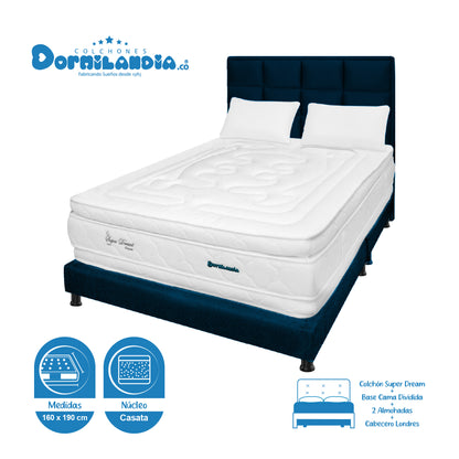 Mega Combo Colchón Resortado Super Dream Plus + Base Cama + Cabecero + Almohadas