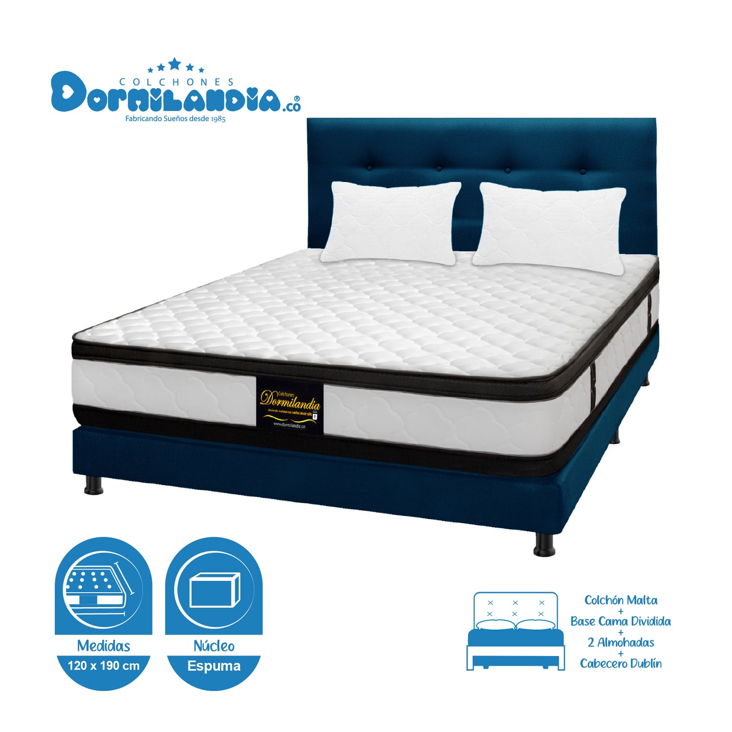 Mega Combo Colchón Malta Espumado + Base Cama + Cabecero + Almohadas