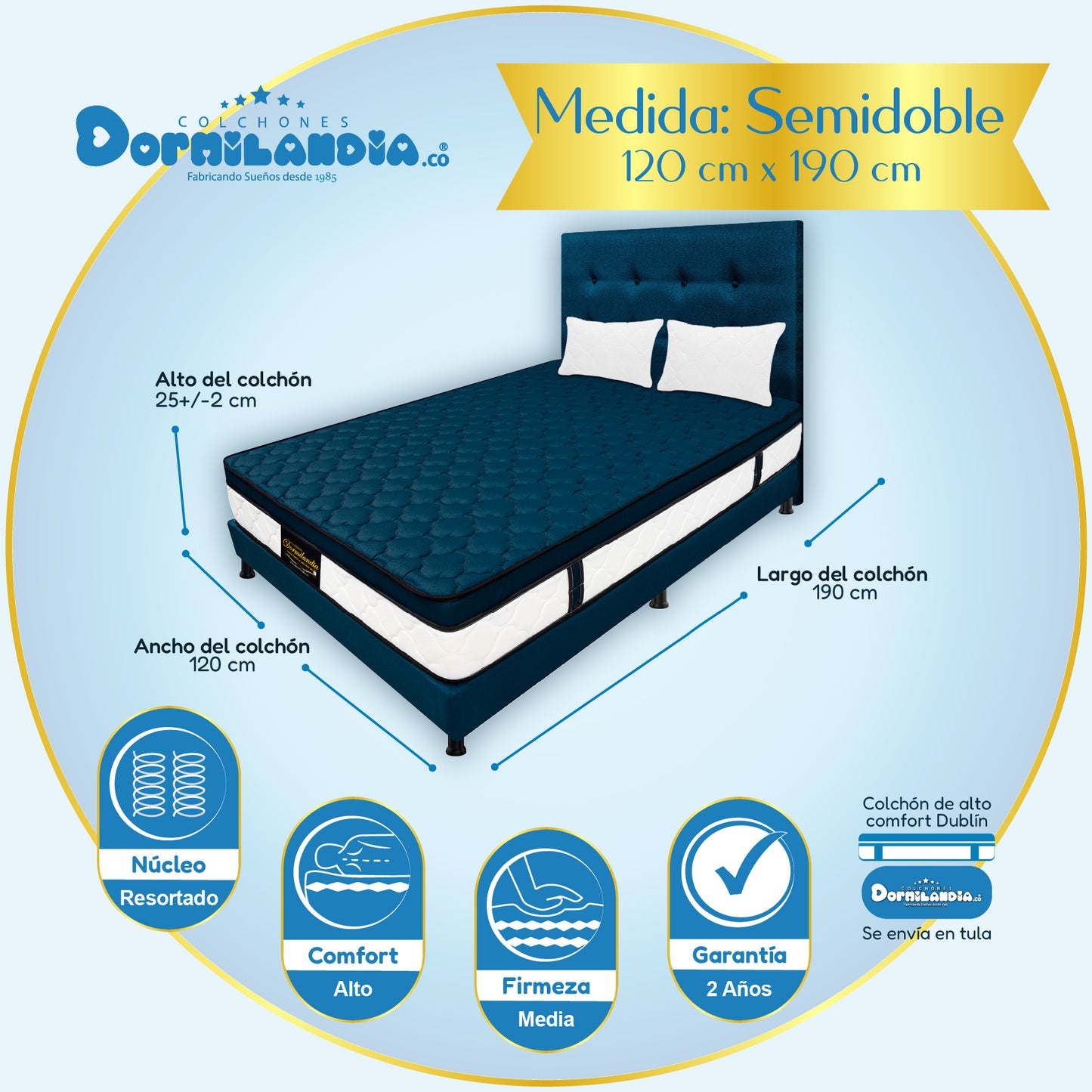 Mega combo Colchón Dublín Resortado Enrollado En Tula Confortable + Base Cama + Cabecero + Almohadas