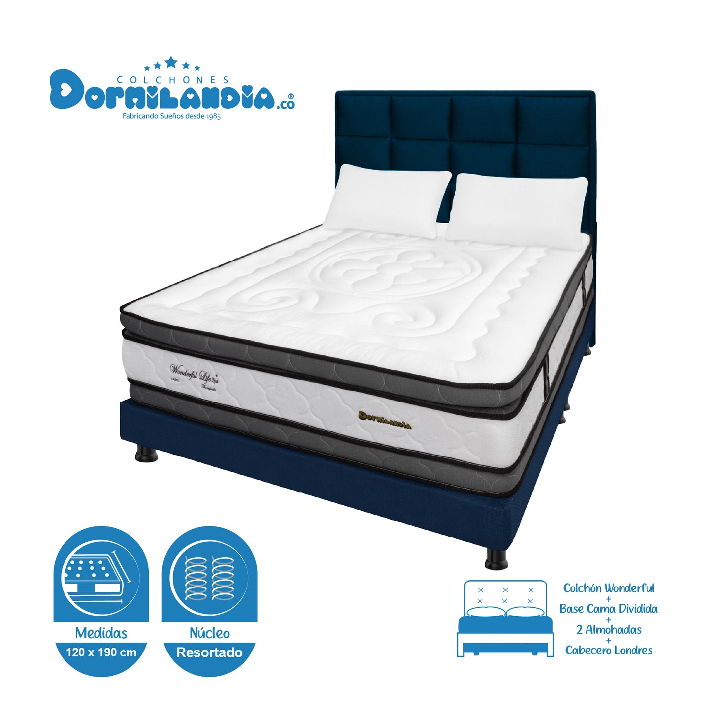 Mega Combo Colchón Wonderful DP Resortado + Base Cama + Cabecero + Almohadas