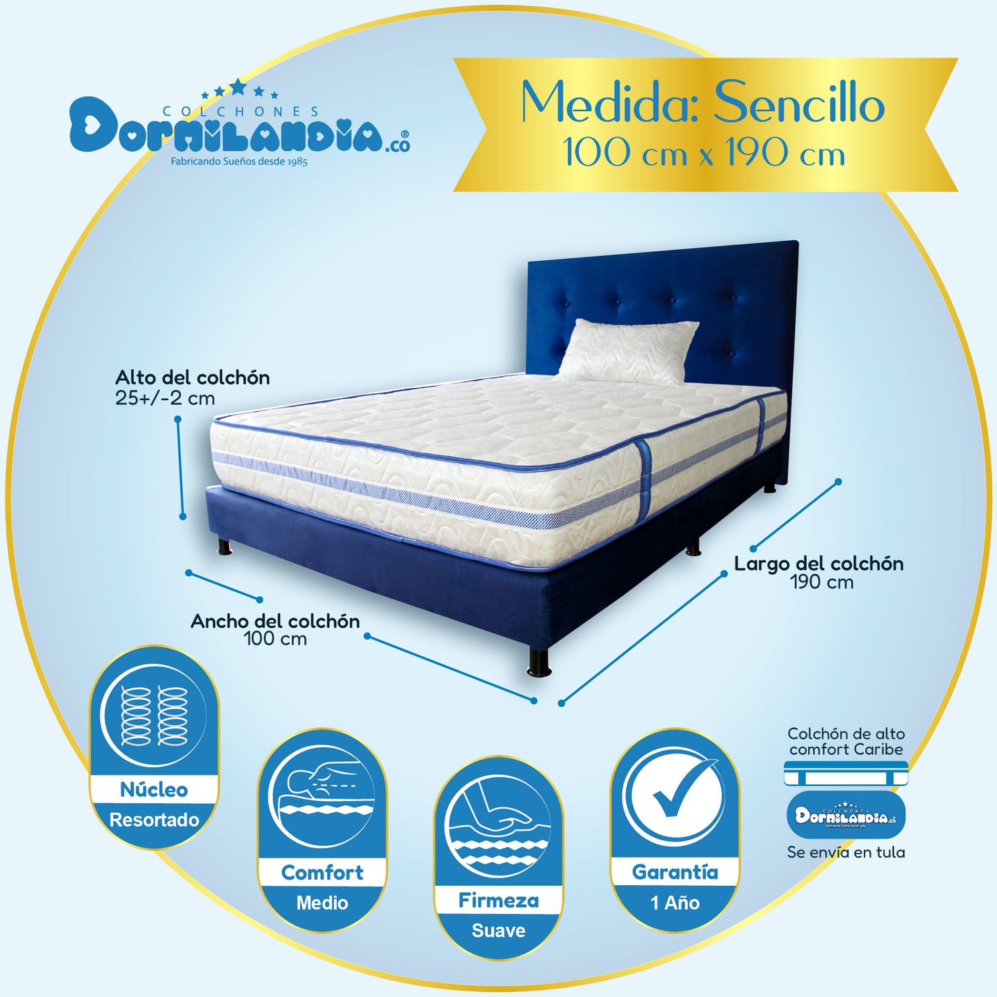 Mega Combo Colchón Caribe Resortado Enrollado + Base Cama+ Cabecero +Almohadas