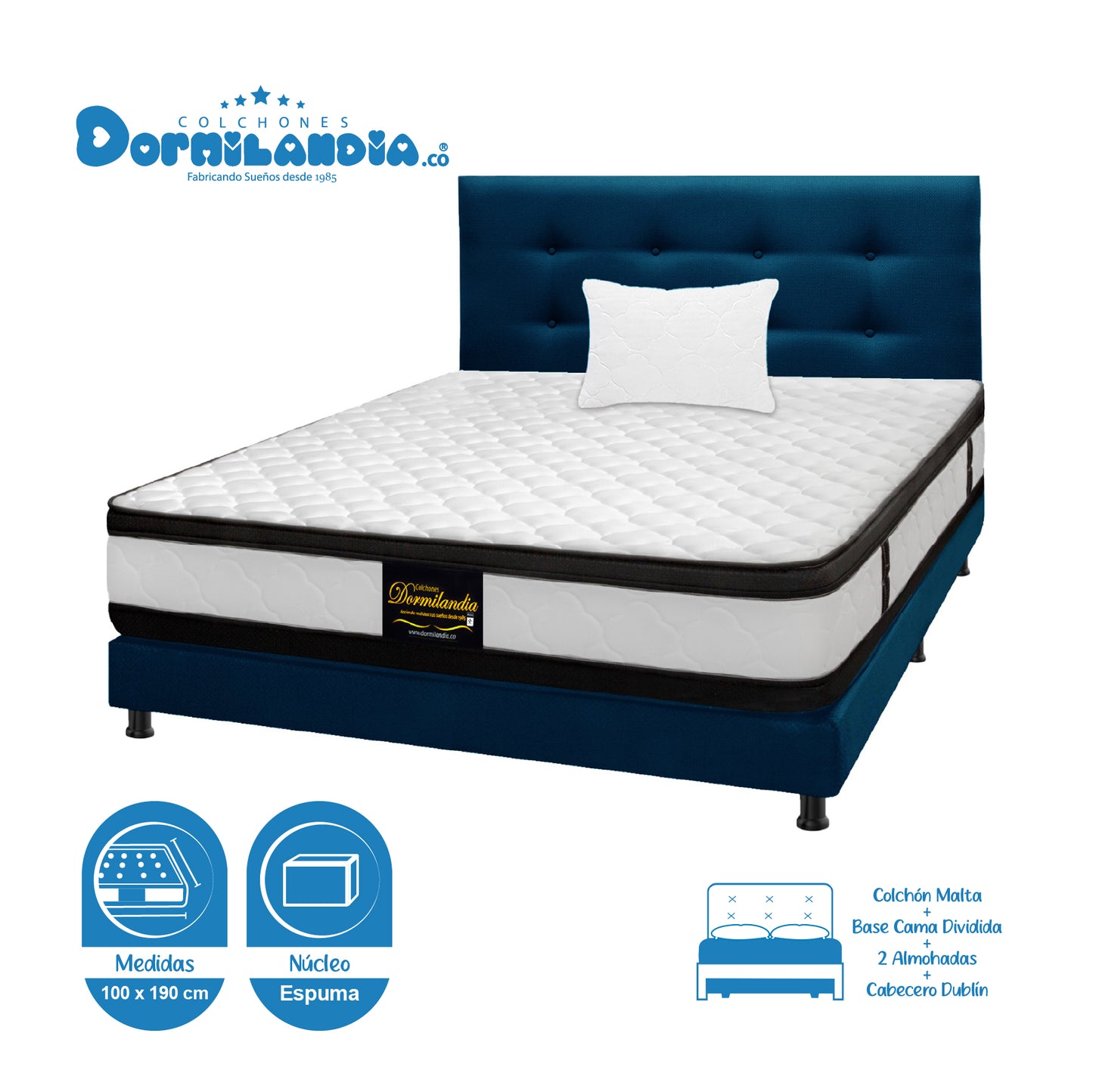 Mega Combo Colchón Malta Espumado + Base Cama + Cabecero + Almohadas