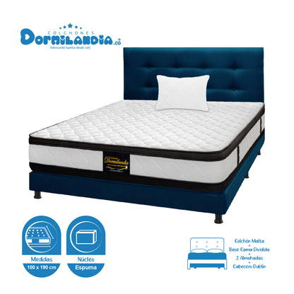 Mega Combo Colchón Malta Espumado + Base Cama + Cabecero + Almohadas