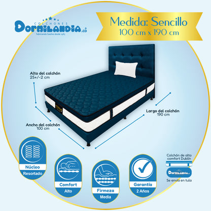 Mega combo Colchón Dublín Resortado Enrollado En Tula Confortable + Base Cama + Cabecero + Almohadas