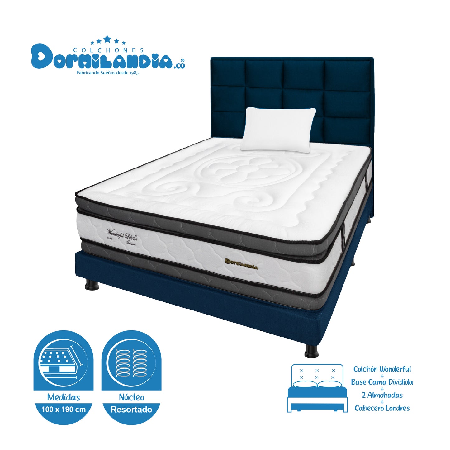 Mega Combo Colchón Wonderful DP Resortado + Base Cama + Cabecero + Almohadas