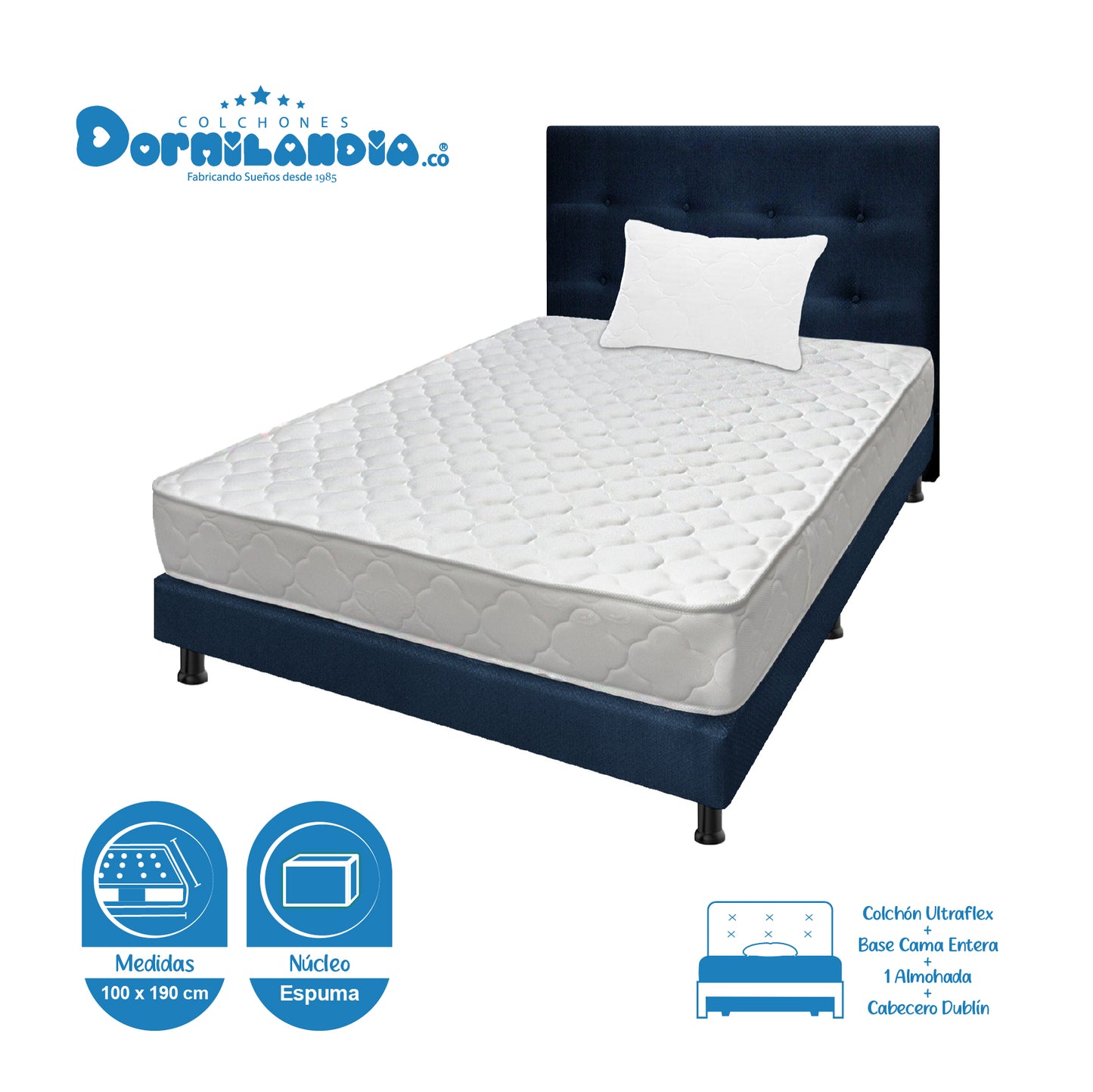 Mega Combo Colchón Espumado Ultraflex + Base Cama + Cabecero + Almohadas