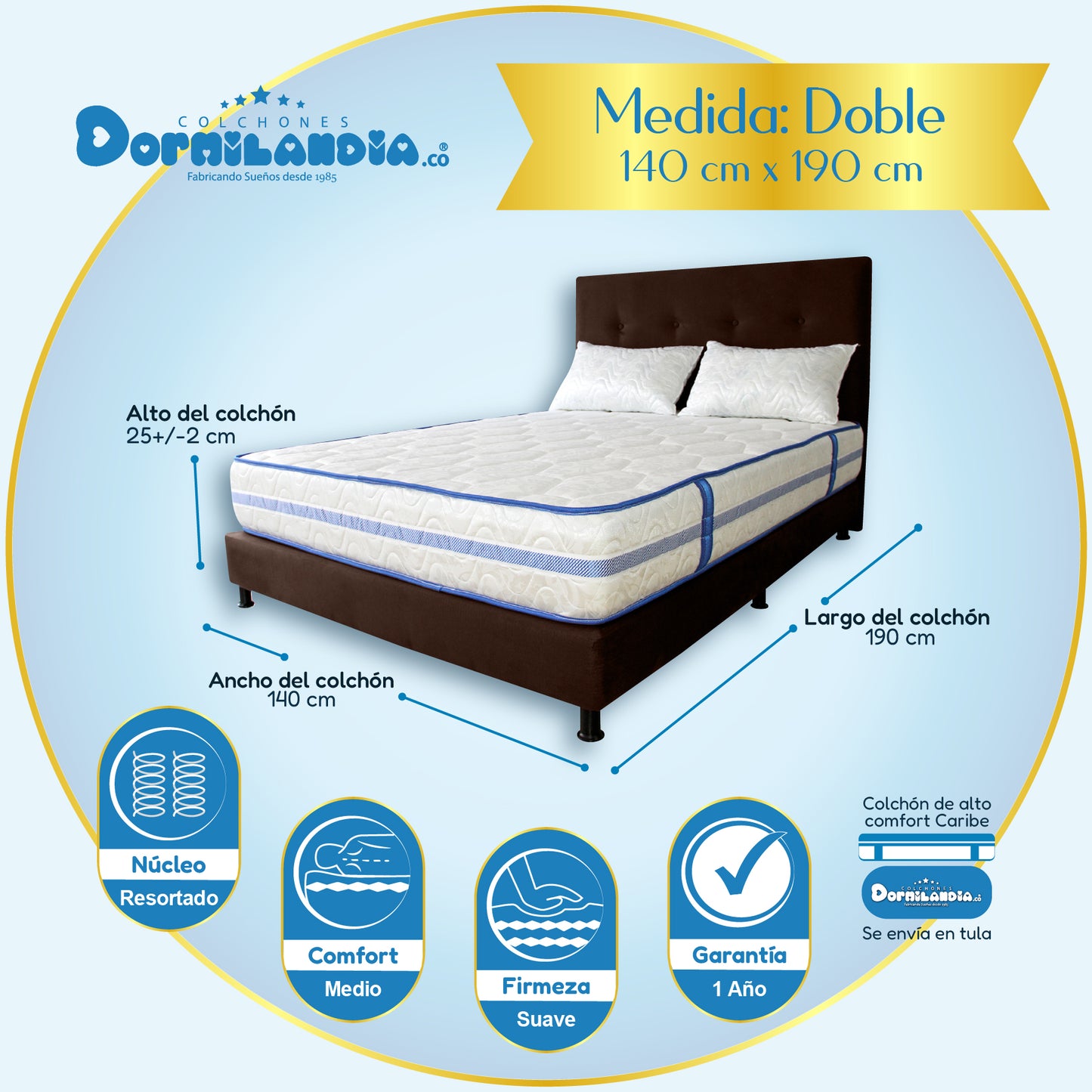 Mega Combo Colchón Caribe Resortado Enrollado + Base Cama+ Cabecero +Almohadas