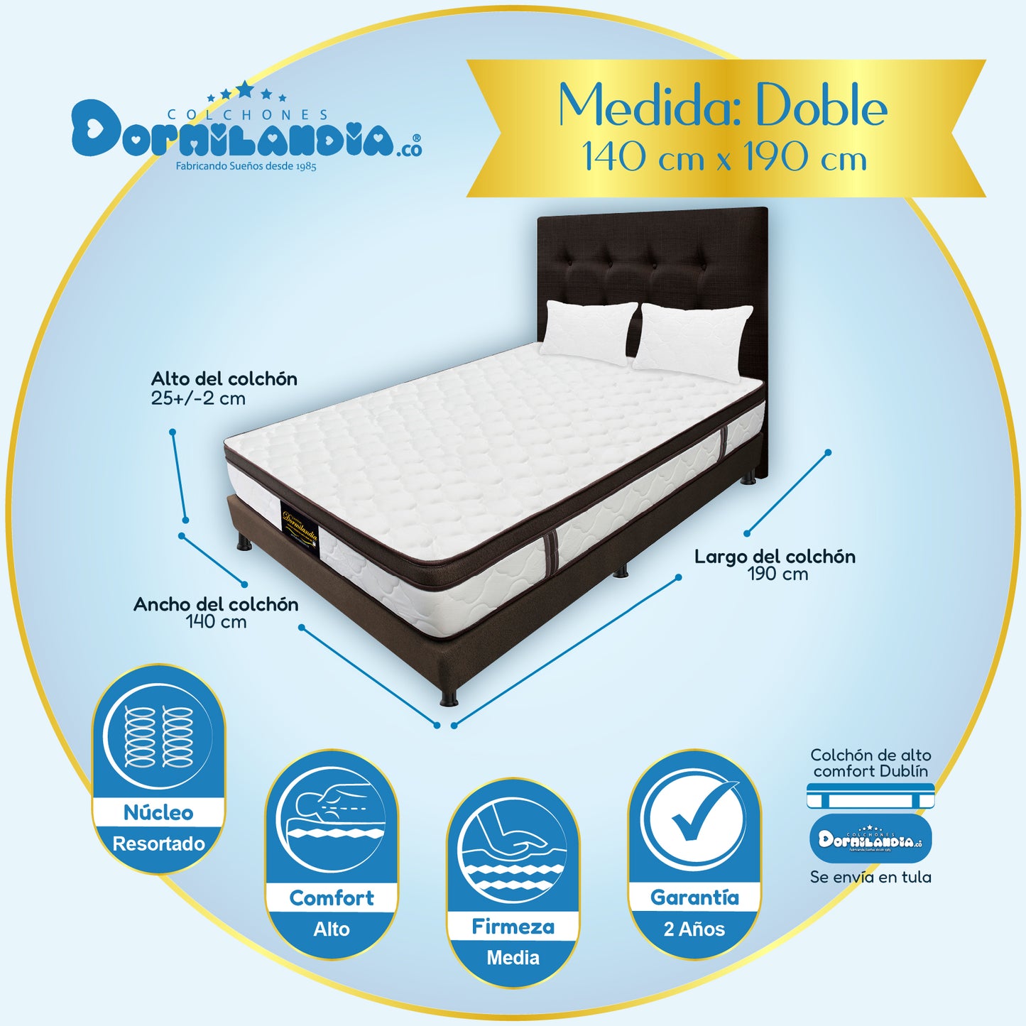 Mega combo Colchón Dublín Resortado Enrollado En Tula Confortable + Base Cama + Cabecero + Almohadas