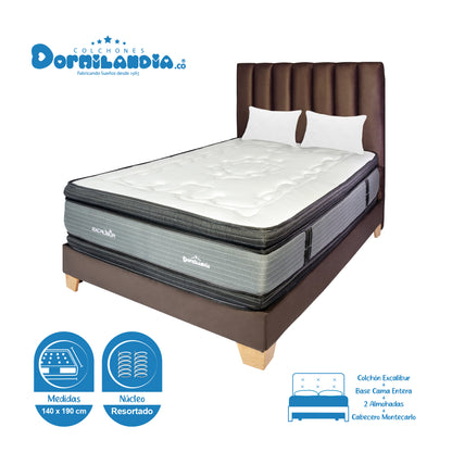 Mega Combo Colchón Excalibur Resortado + Base Cama + Cabecero + Almohadas