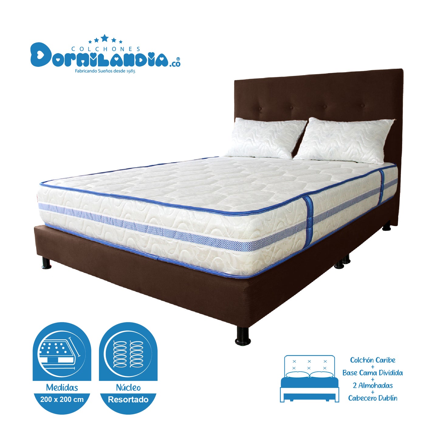 Mega Combo Colchón Caribe King Resortado + Base Cama + Cabecero + Almohadas
