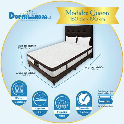 Mega combo Colchón Dublín Resortado Enrollado En Tula Confortable + Base Cama + Cabecero + Almohadas