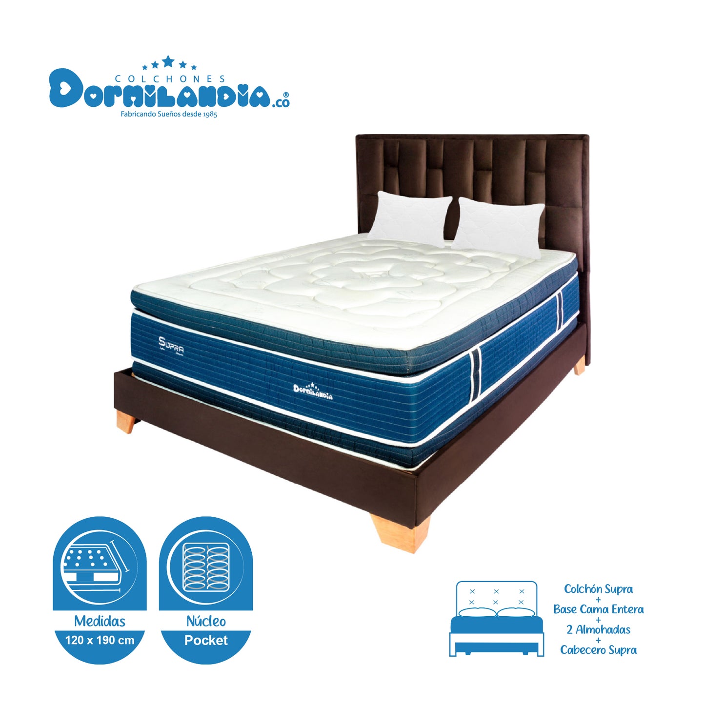 Mega Combo Colchón Supra Pocket + Base Cama + Cabecero + Almohadas