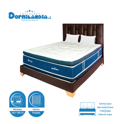Mega Combo Colchón Supra Pocket + Base Cama + Cabecero + Almohadas