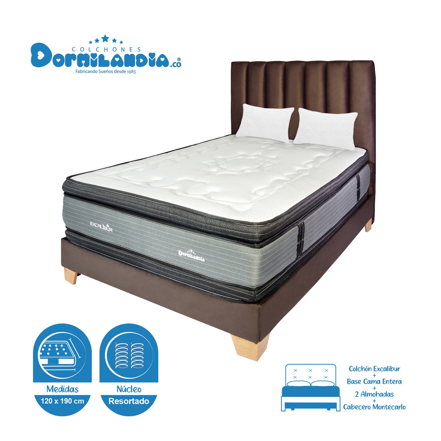 Mega Combo Colchón Excalibur Resortado + Base Cama + Cabecero + Almohadas