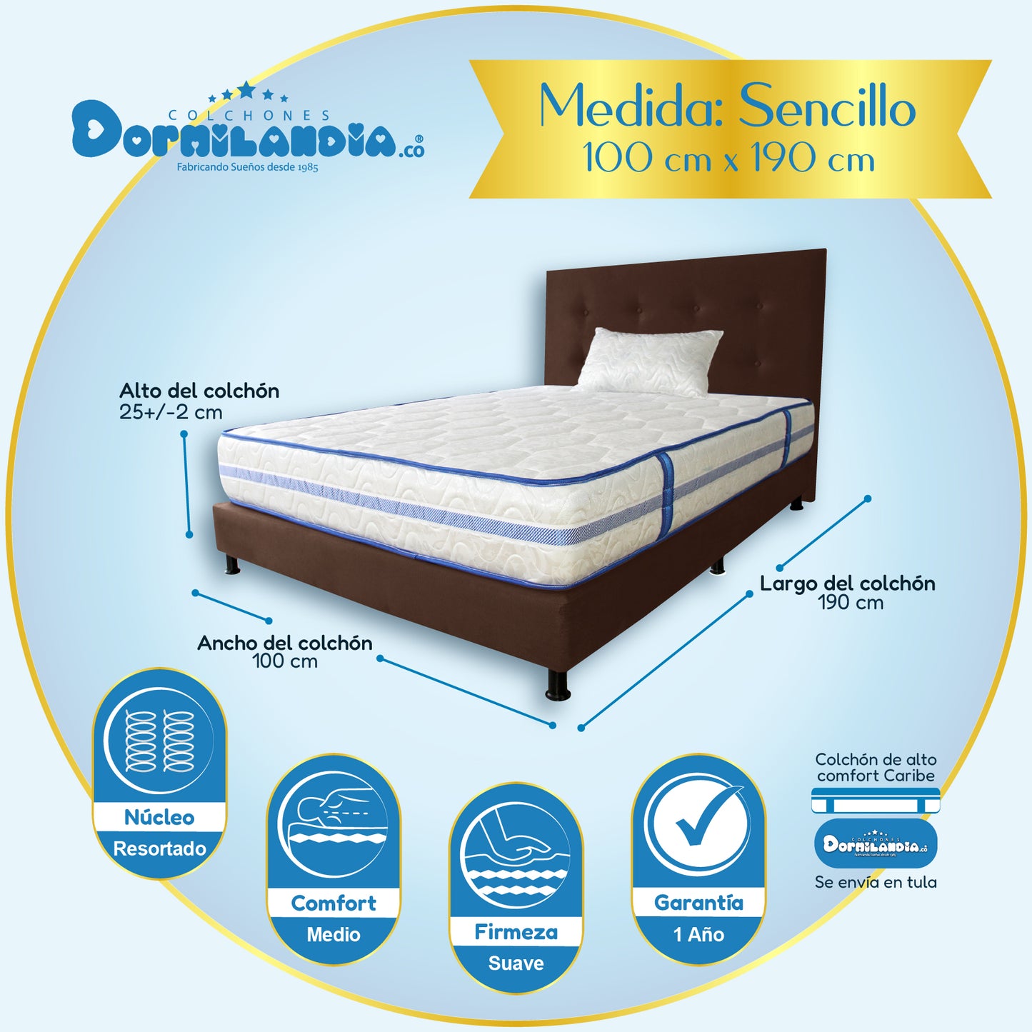 Mega Combo Colchón Caribe Resortado Enrollado + Base Cama+ Cabecero +Almohadas