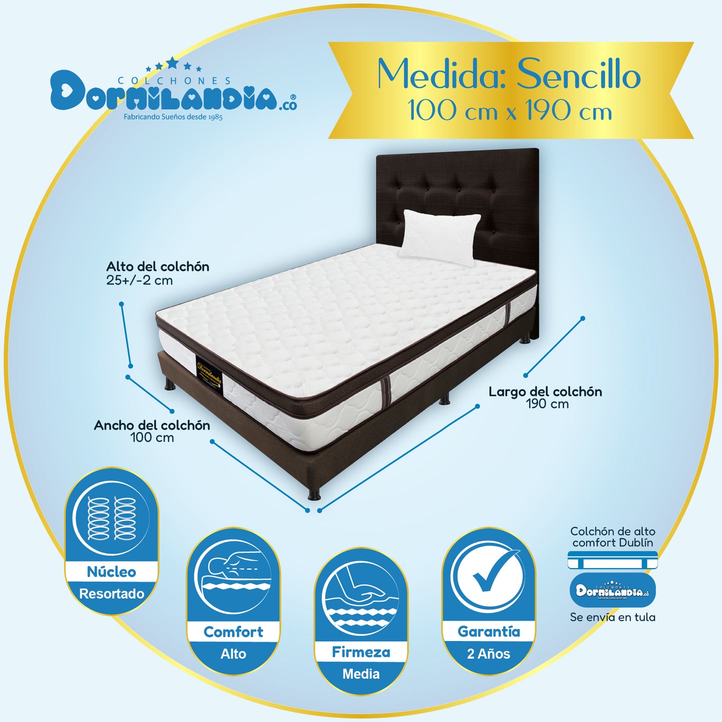 Mega combo Colchón Dublín Resortado Enrollado En Tula Confortable + Base Cama + Cabecero + Almohadas