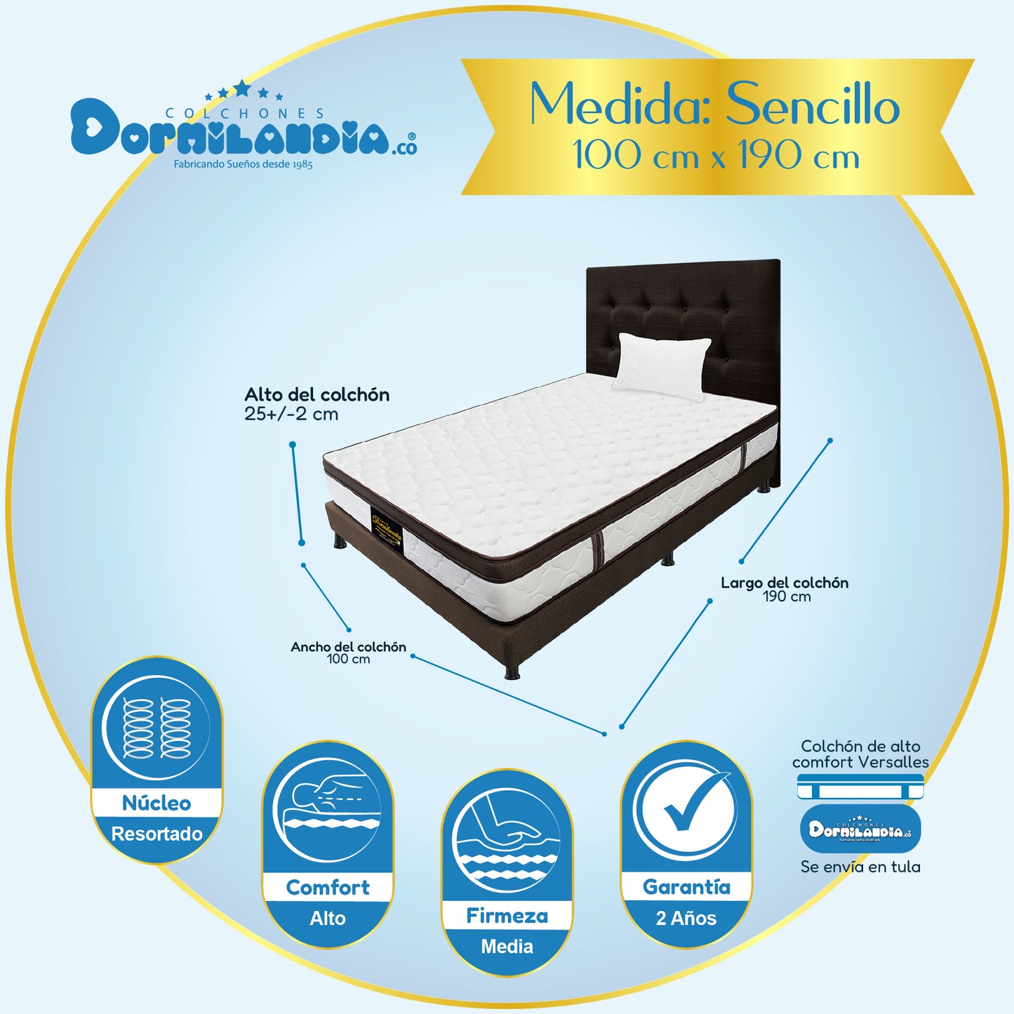 Mega Combo Colchón Versalles Resortado Enrollado + Base Cama + Cabecero + Almohadas